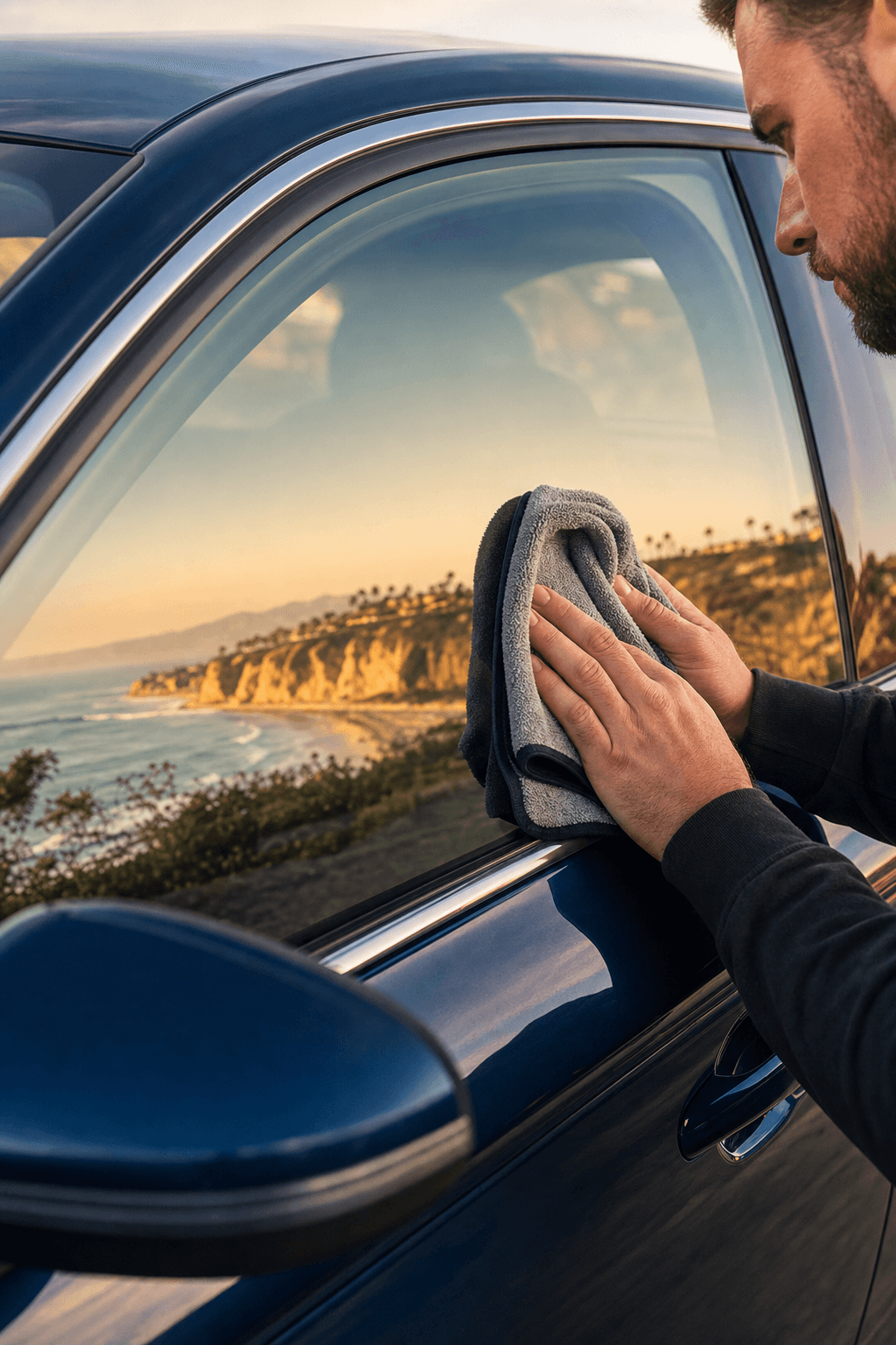 Windows polished on dark vehicle in evening San Diego light