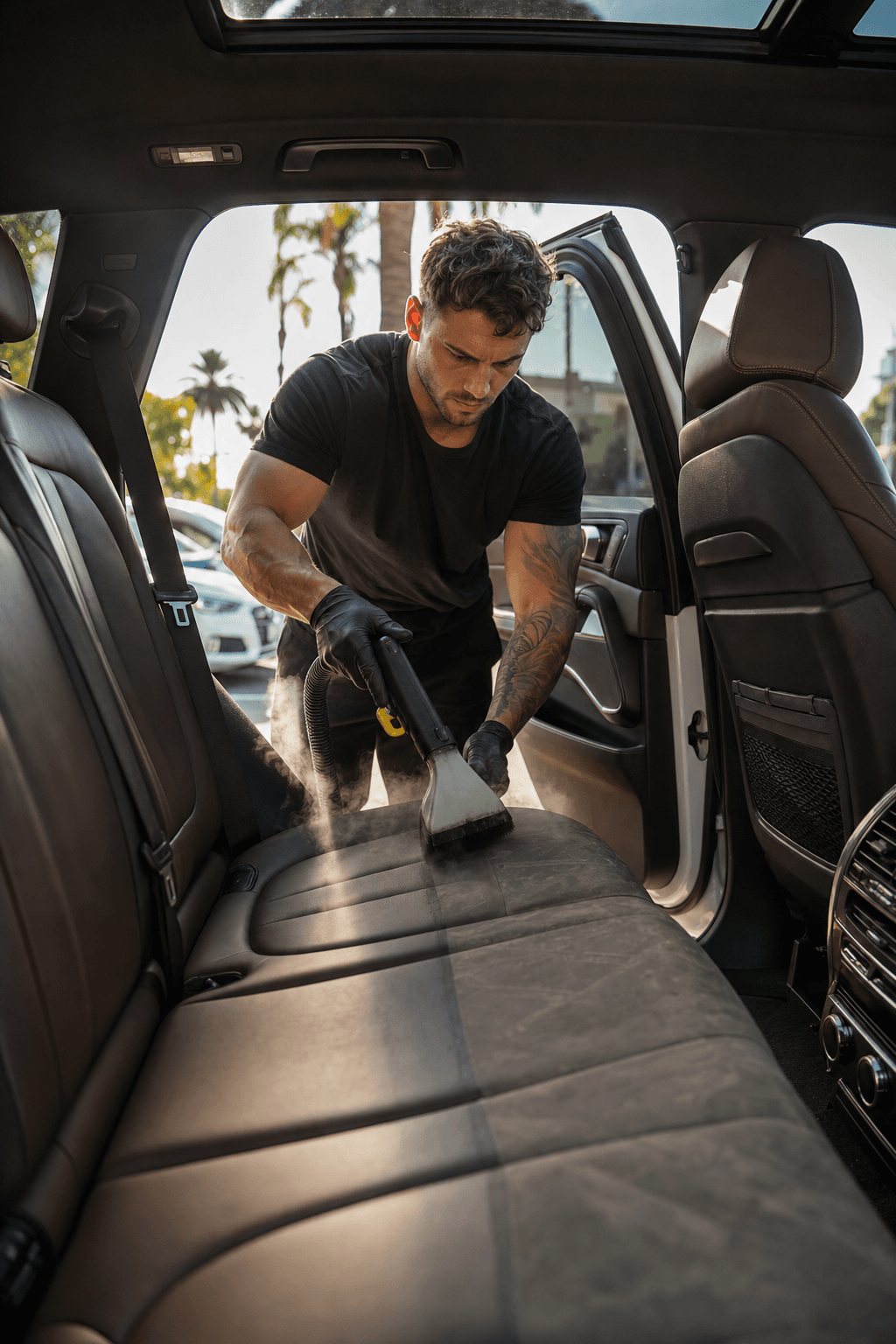 Steam cleaning dark leather interior of SUV