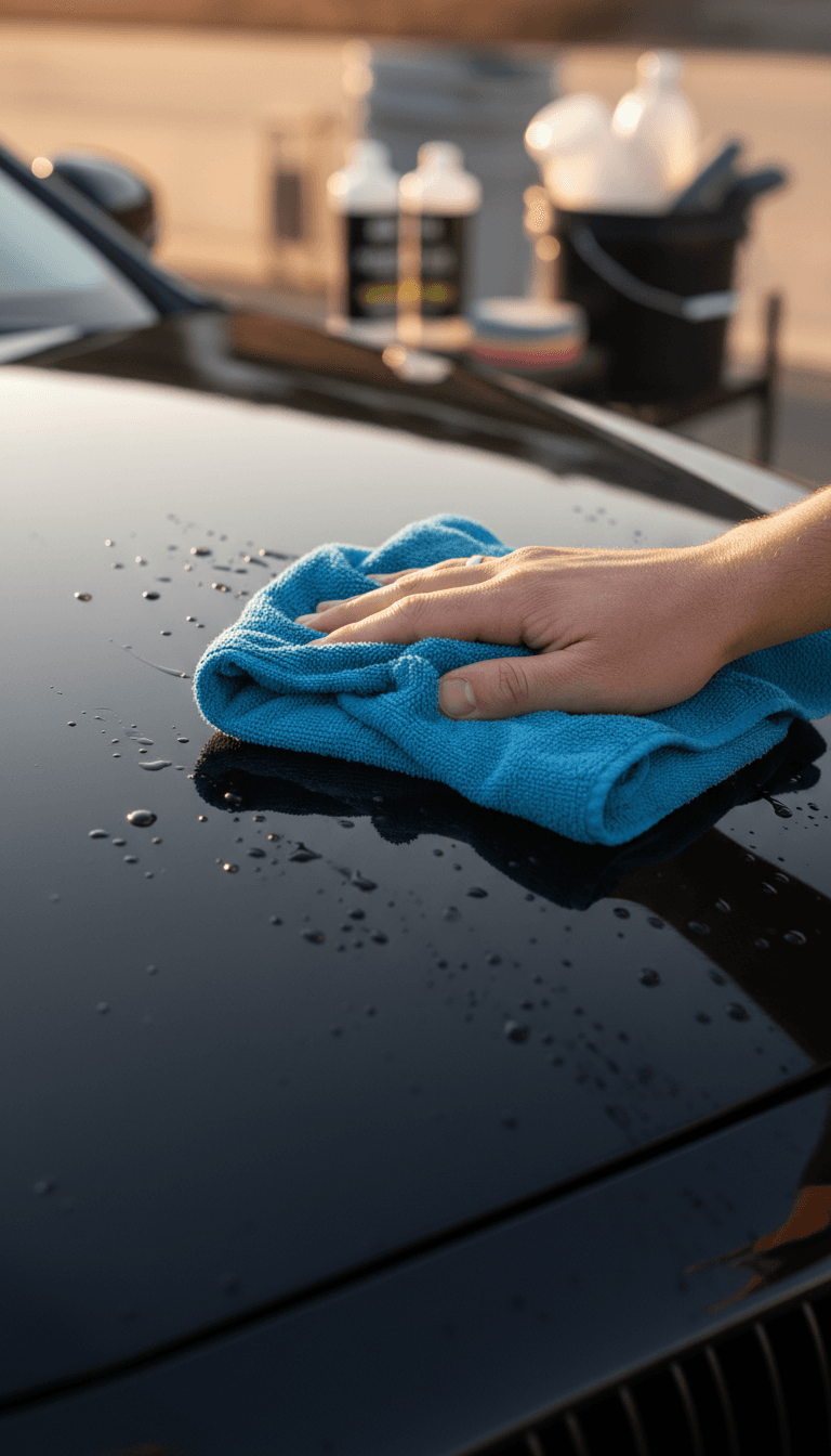 Microfiber towel buffing freshly waxed car paint