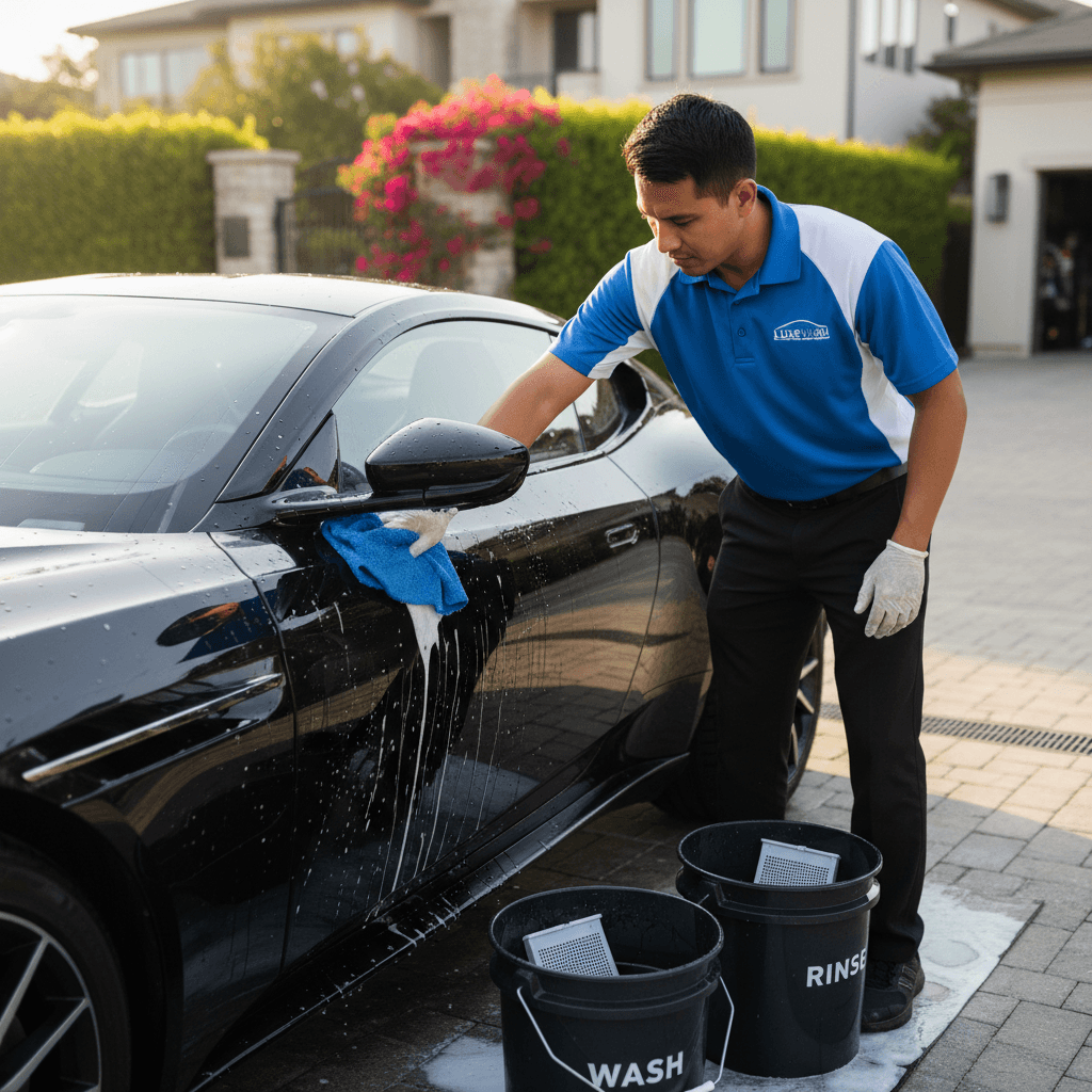 LuxeWash technician hand washing a luxury car with a microfiber mitt in a San Diego neighborhood