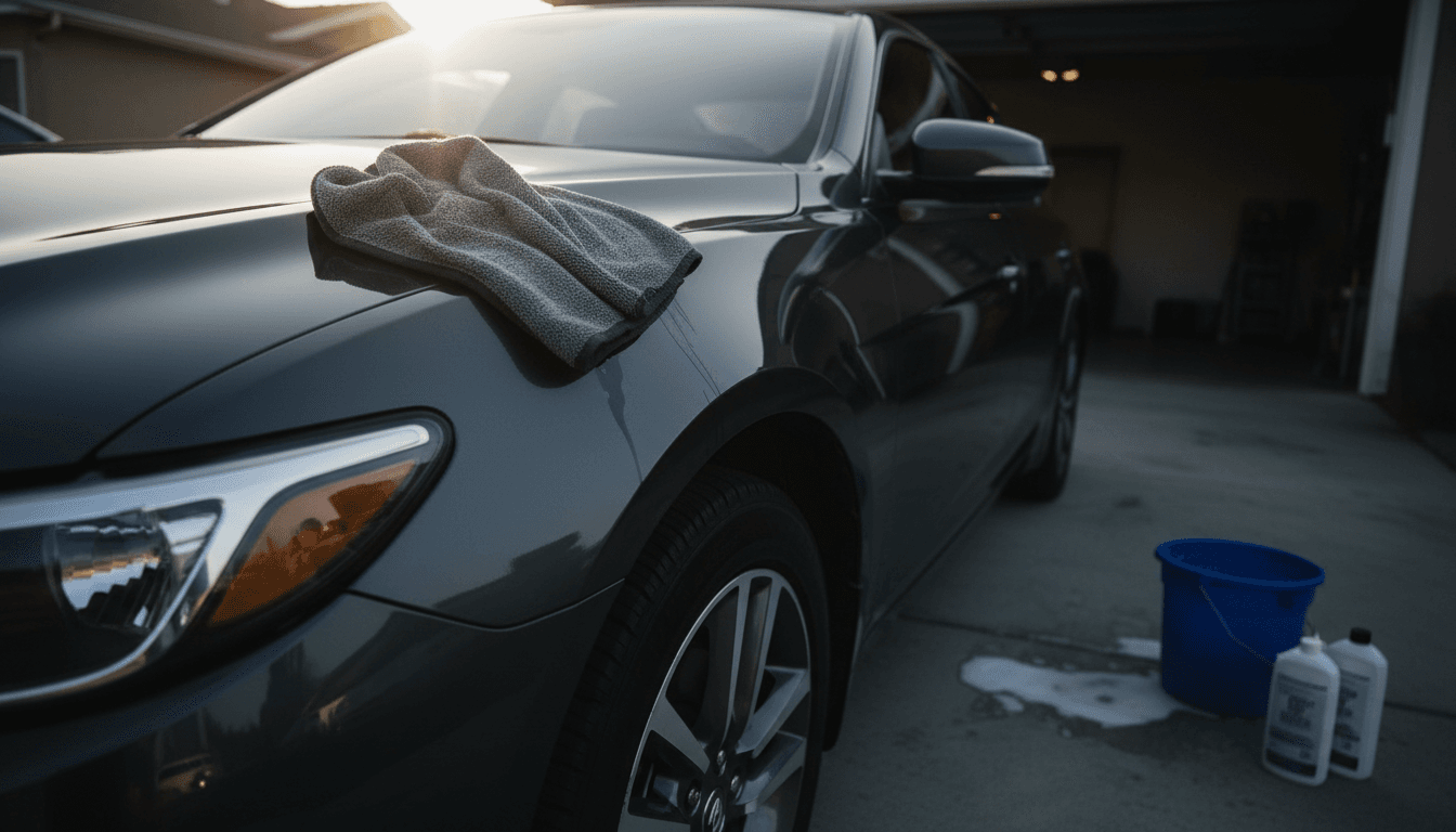 Microfiber cloth polishing the hood of a dark sedan in a San Diego driveway