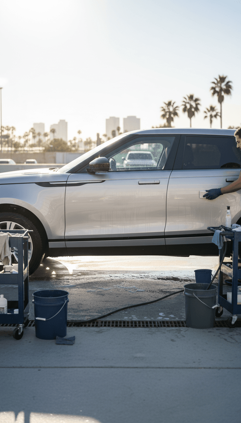 Silver SUV undergoing clay bar treatment during detailing service
