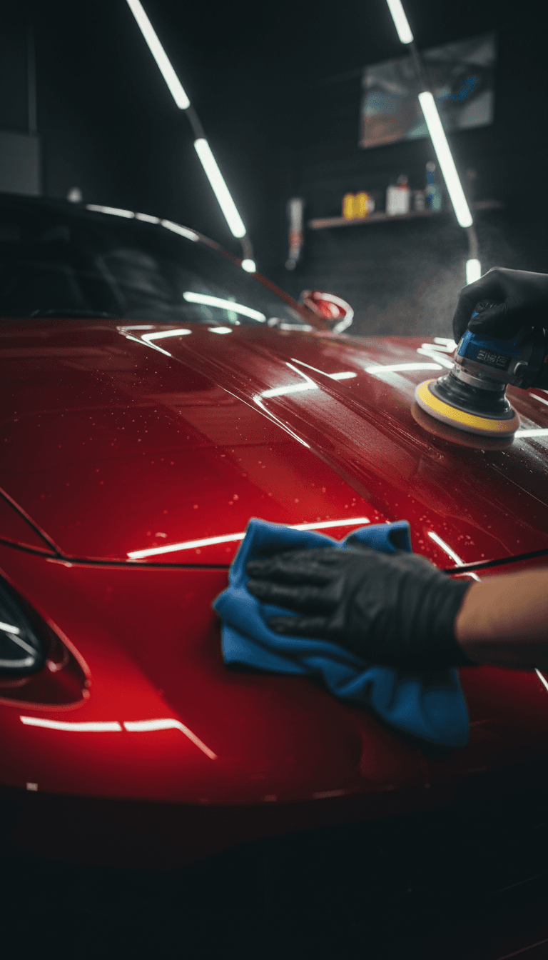 Red sports car hood showing mirror-like polish and shine