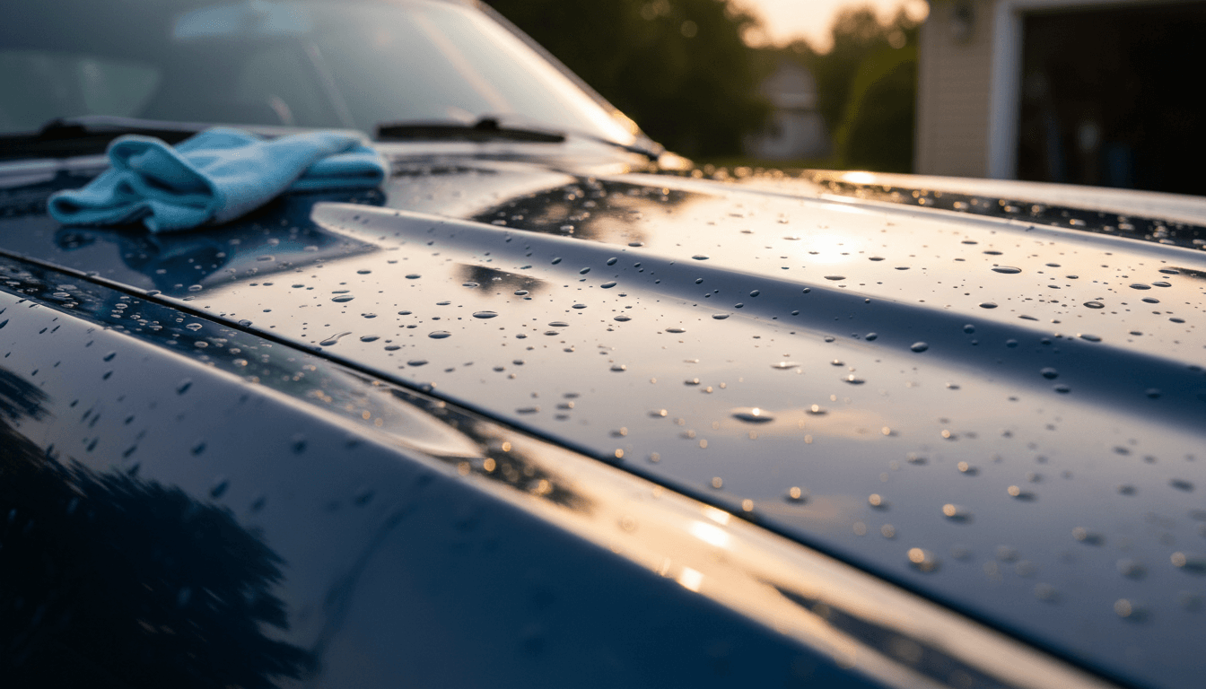 Close-up of a car's hood after a hand-wash, sunlight catching the water beads, a folded microfiber cloth resting on the edge