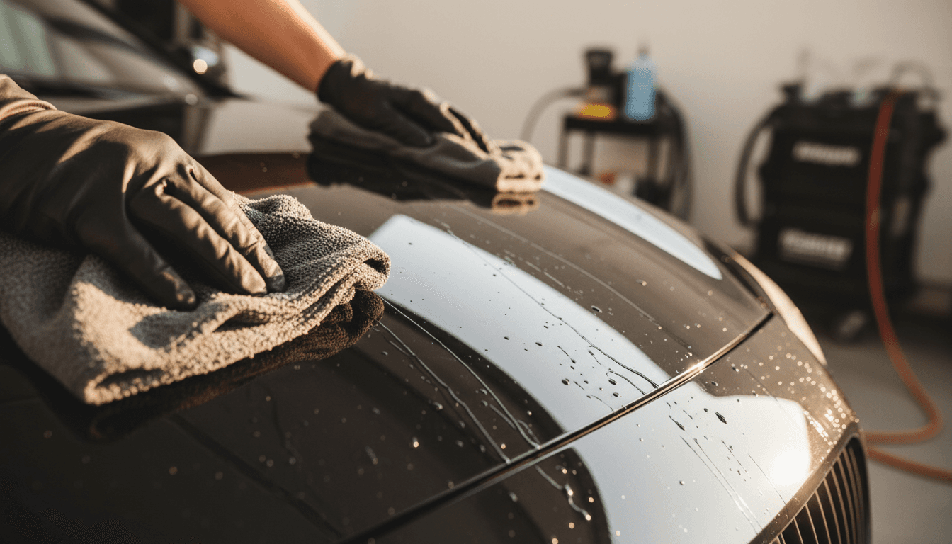 Detailer's hands polishing a car with microfiber cloth, showcasing the glossy finish