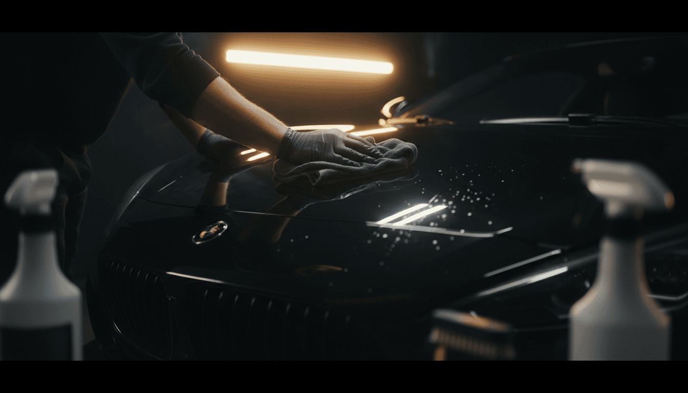 Close-up of detailer's hands buffing car paint with microfiber cloth under studio lighting