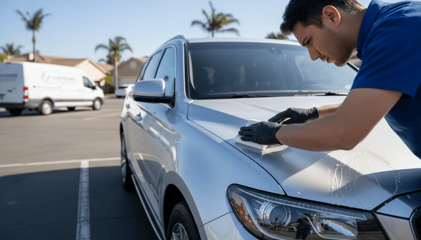 Silver SUV receiving clay bar treatment by a detailer in sunny outdoor setting
