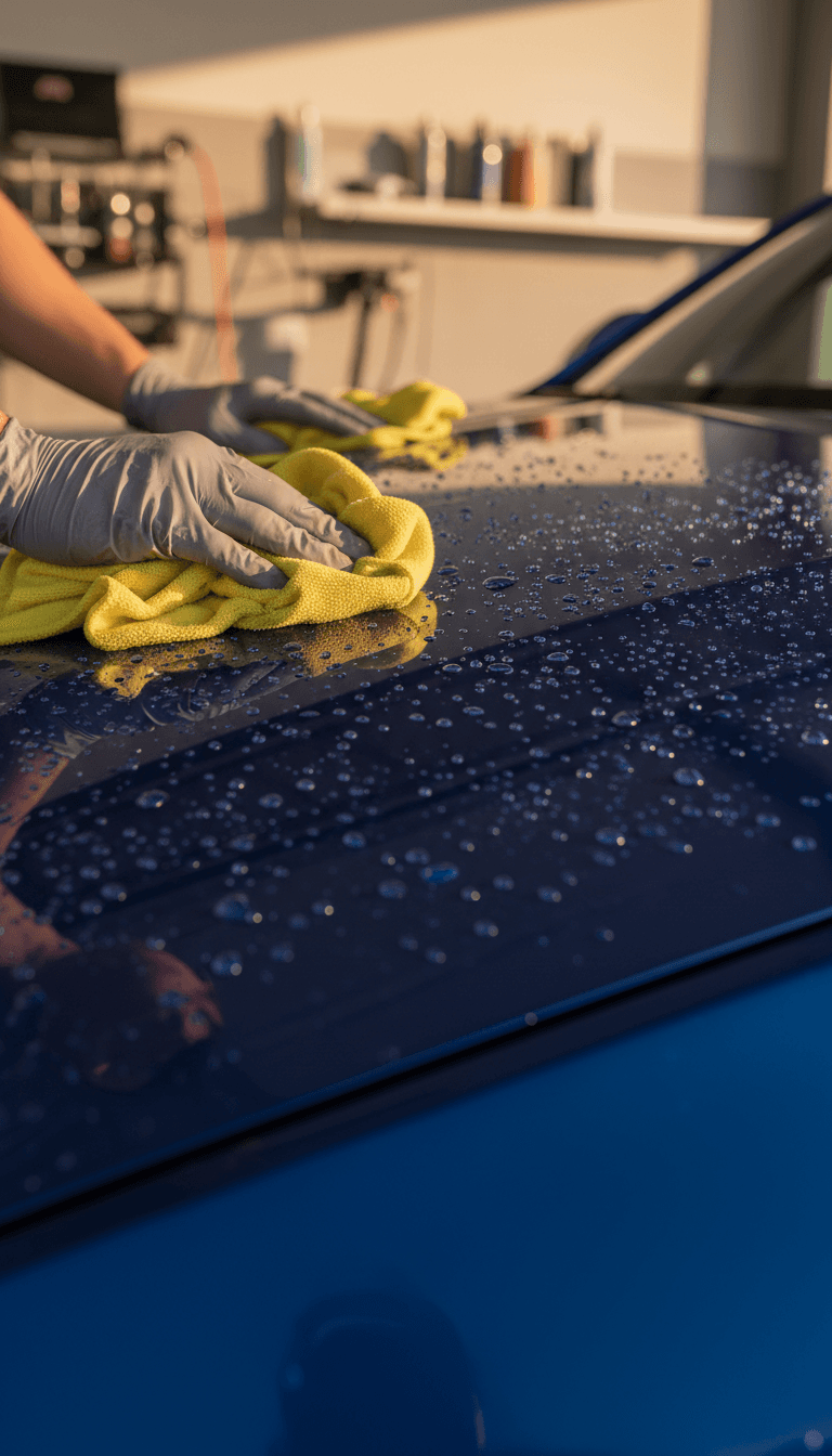 Microfiber cloth buffing a waxed car hood with water beads visible