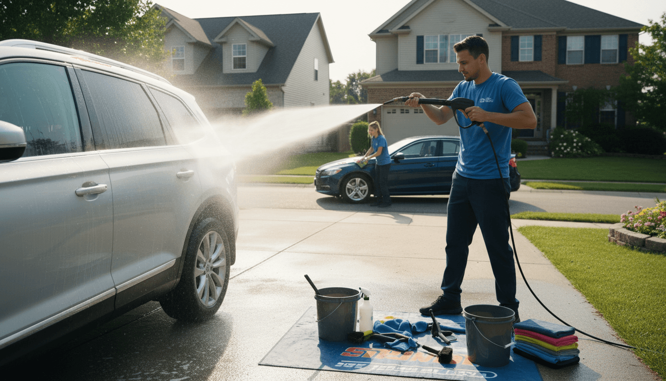Hand-washing a silver SUV using professional two-bucket method