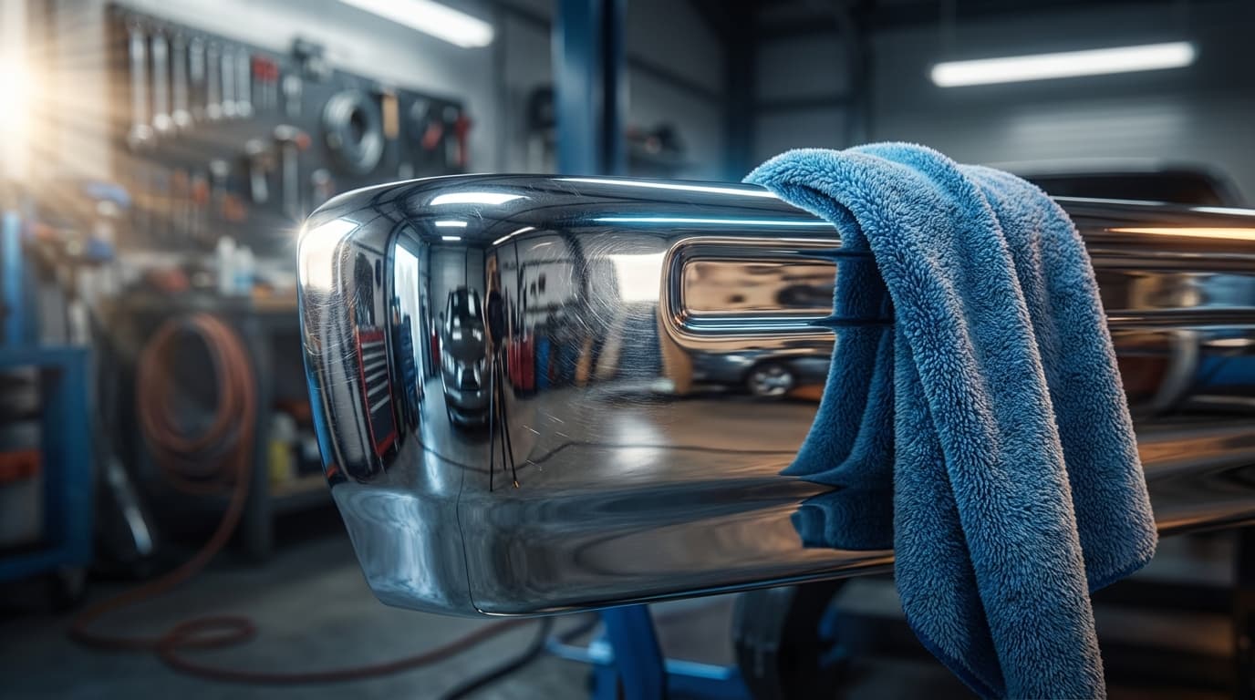 Close-up of microfiber cloth polishing a freshly detailed car hood with focused lighting
