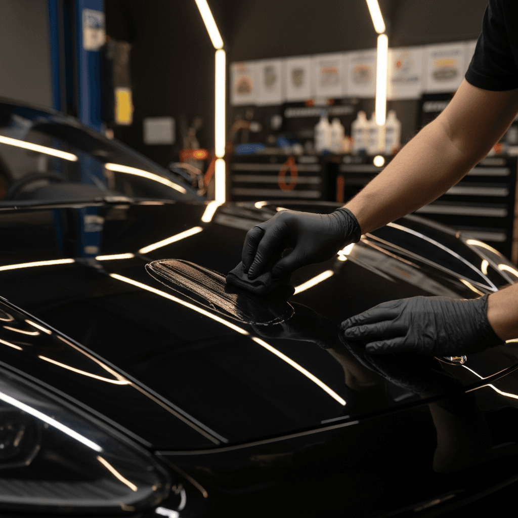 Close-up of hands applying clay bar treatment to a vehicle's hood during professional detailing service