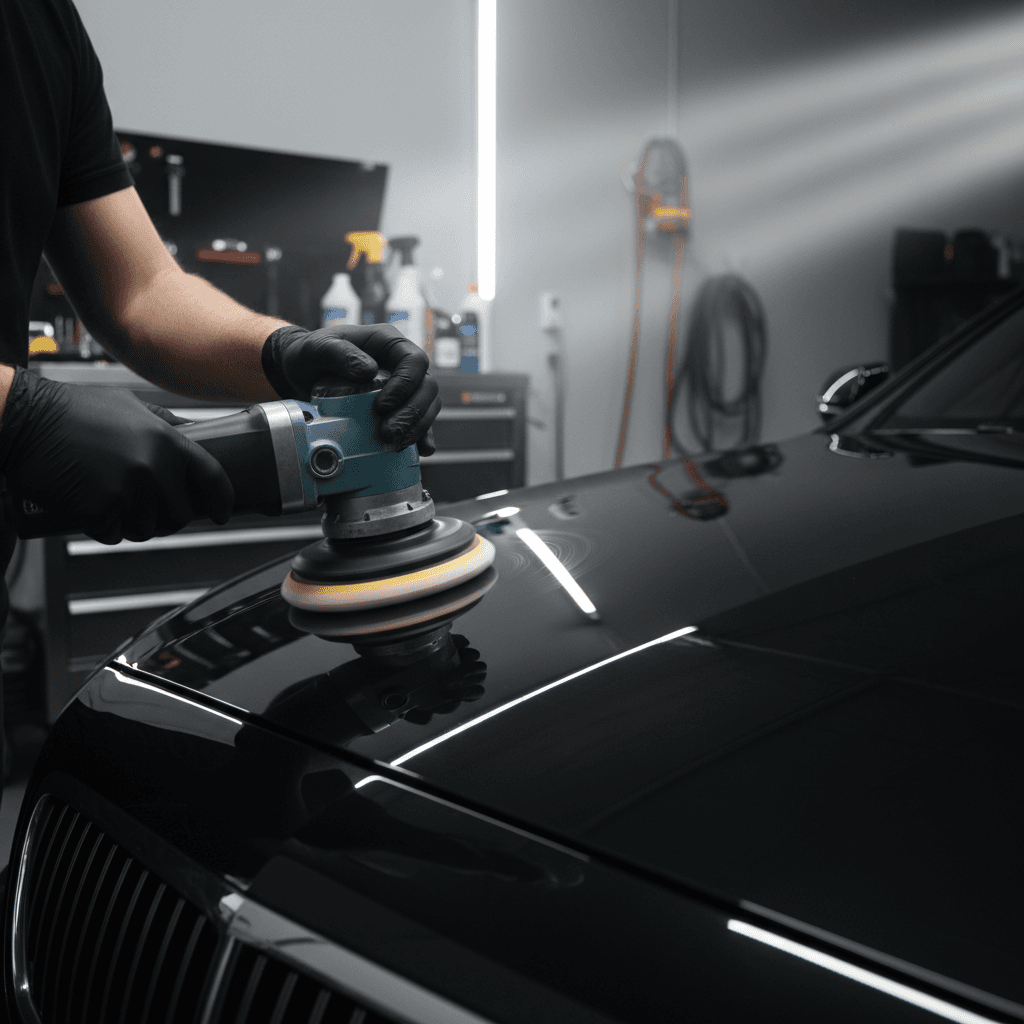 Hands polishing a freshly waxed car hood with microfiber cloth in a professional detailing bay