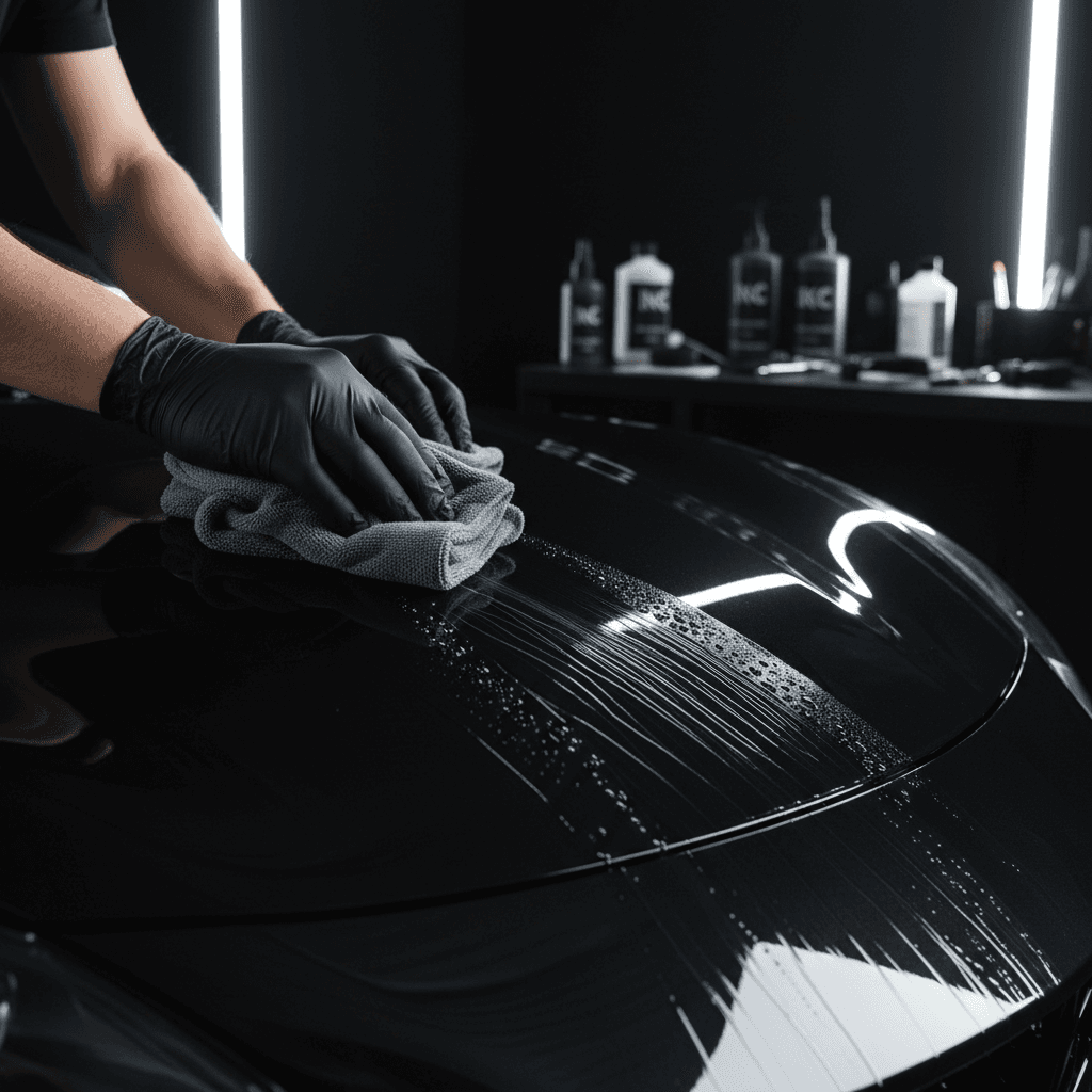 Detailer's hands buffing a freshly waxed car hood with microfiber cloth