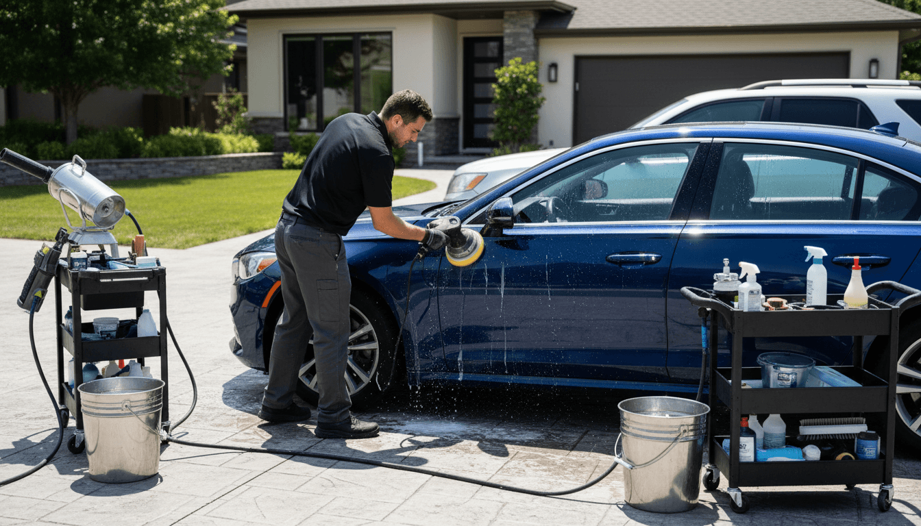 Mobile detailing in progress on white sedan in San Diego