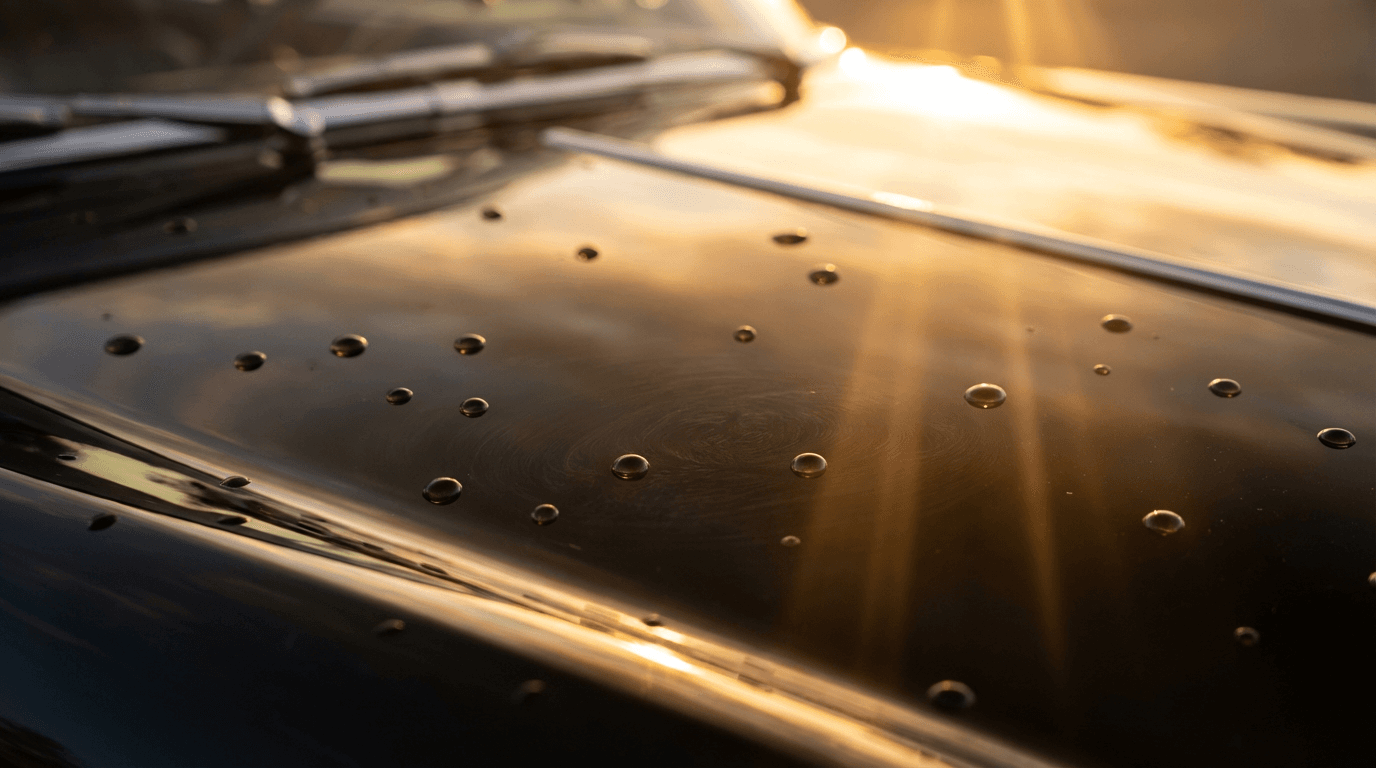 Close-up of freshly detailed car paint with water beads and wax shine