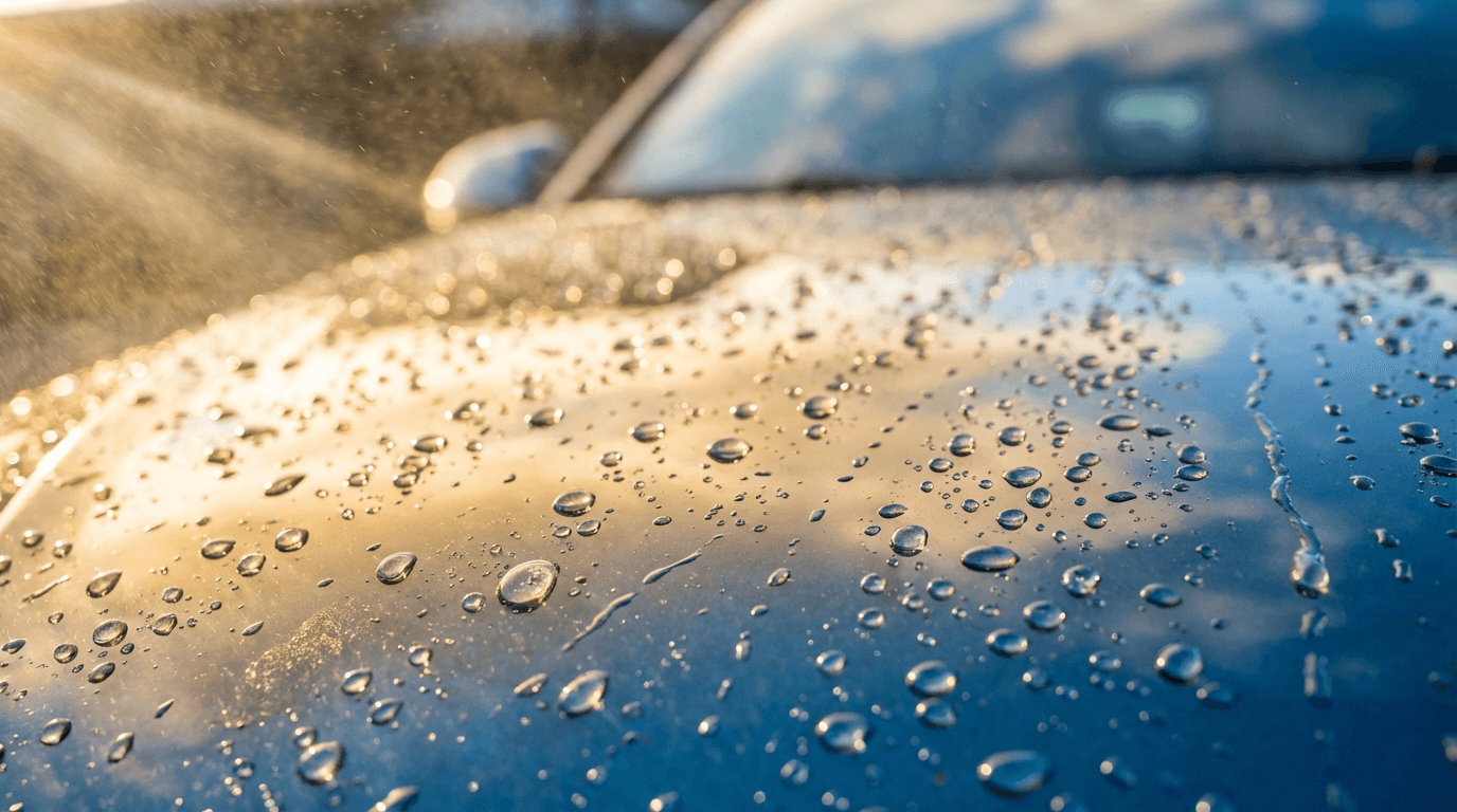 Water cascading off freshly washed black car paint