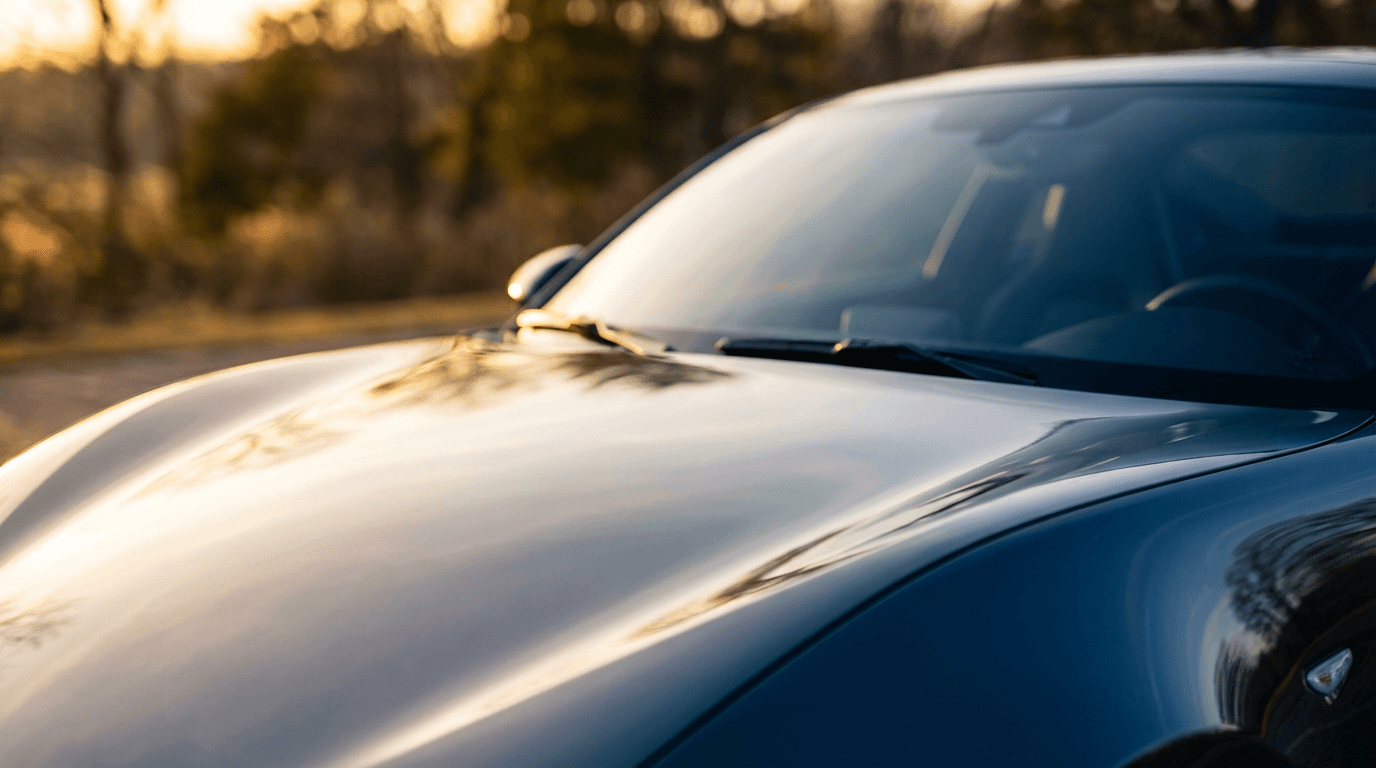 Close-up of hands polishing a car hood with microfiber cloth in natural sunlight