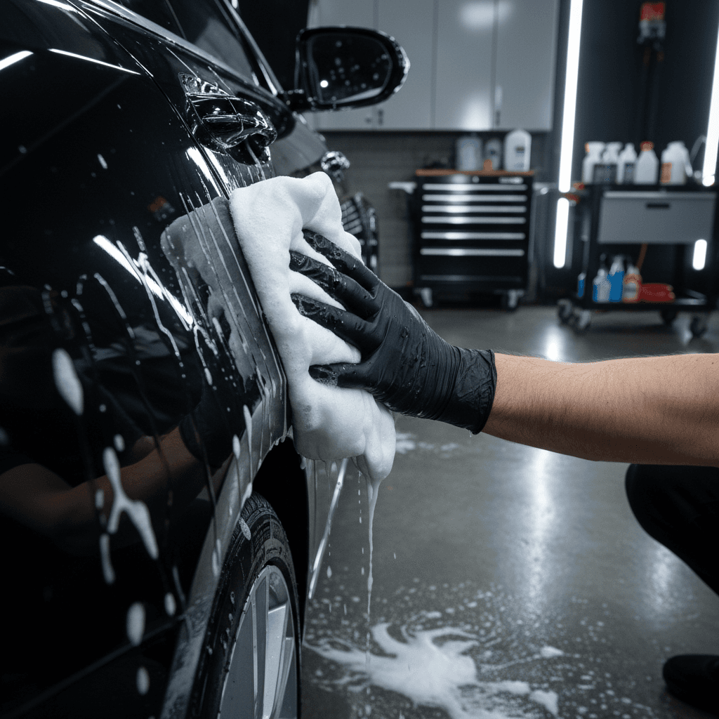 Hand washing a car with microfiber mitt