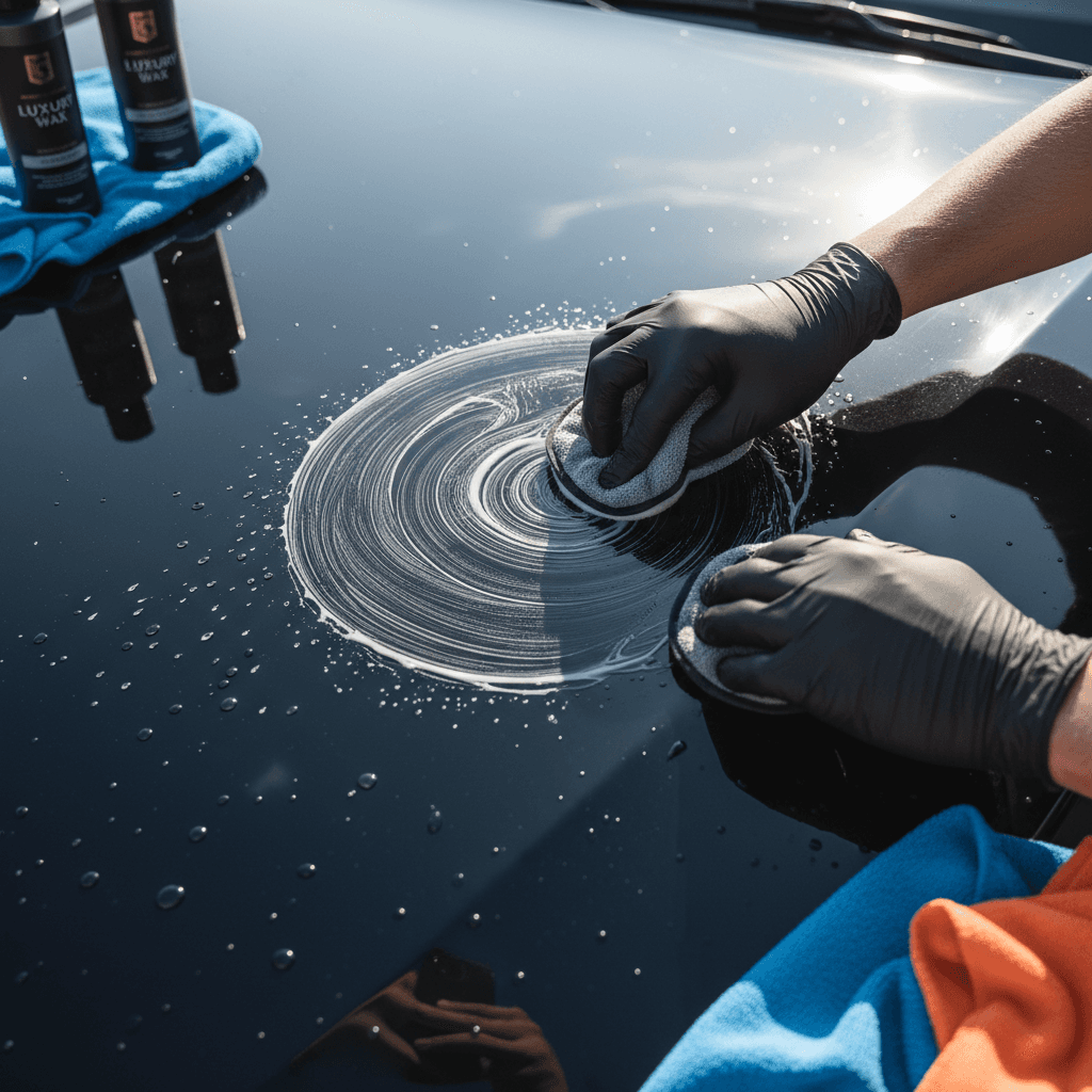 Hands with microfiber cloth buffing water from car paint